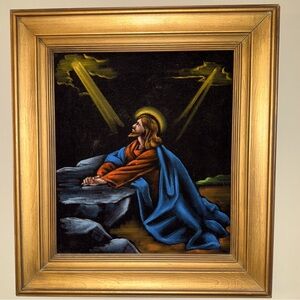 Vintage Religious Icon Art Velvet Painting Jesus Gold Wooden Frame Mid Century